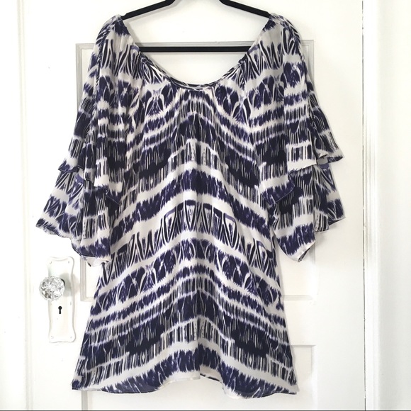 Parker Ikat Tie Dye Silk Dress with Flutter Sleeves in Blue and White Medium M - Picture 9 of 9